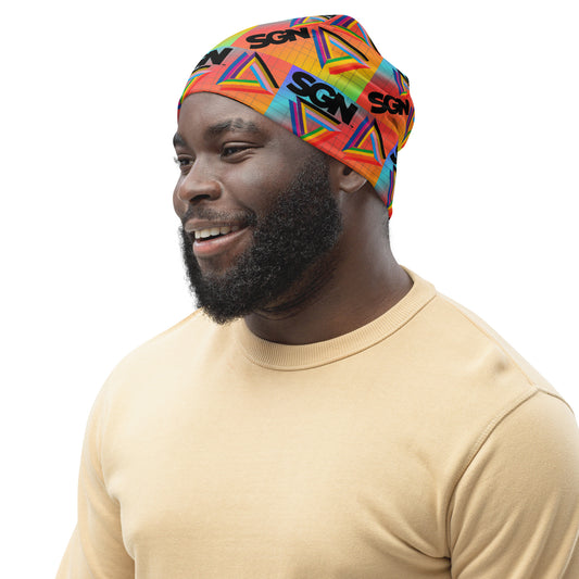 Rainbow Print SGN Logo Beanie, Gender Neutral Style, Warm Cozy Hat